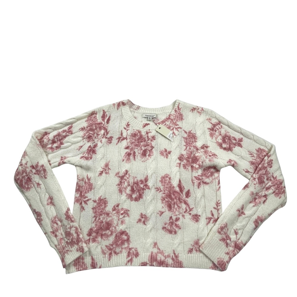 Francescas Womens M Cropped Cable Knit Sweater Pink Floral Rose Cottagecore NWT